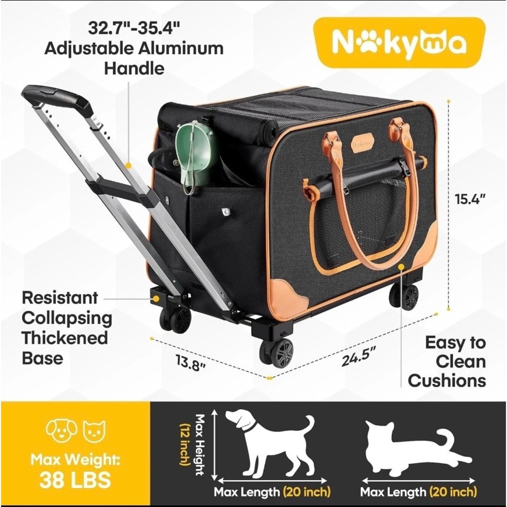 XL Rolling Pet Carrier with Wheels Cat Small Dog Collapsible Black Tan New